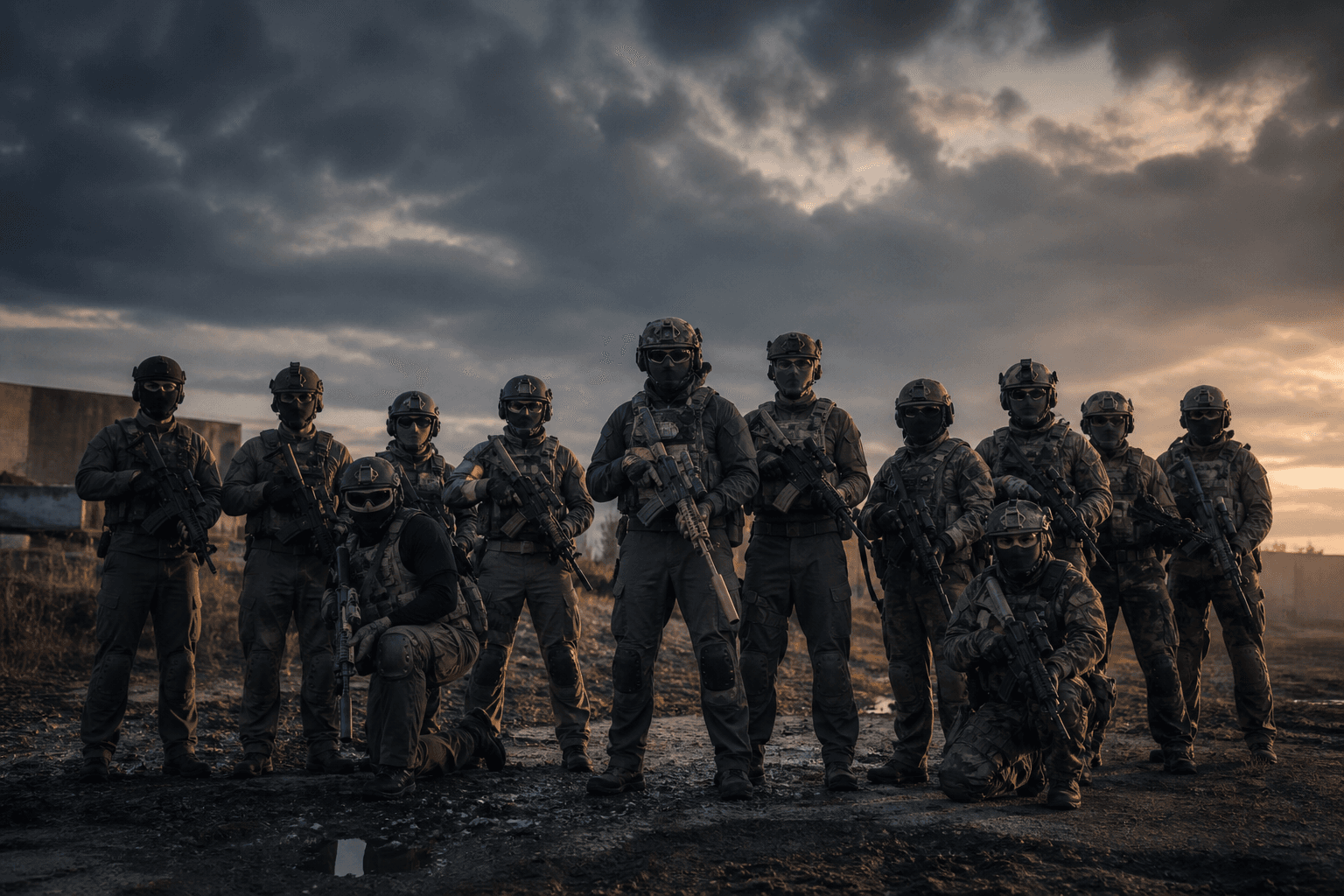 Equipe de airsoft com operadores alinhados